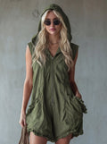 Combinaison salopette courte sans manches à capuche zippée de style rétro pour femme