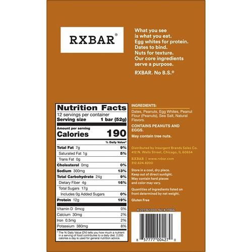 Barres protéinées Rxbar, 12g de protéines, snacks sans gluten, barres snack, beurre de cacahuète, boîte de 623g (12 barres)