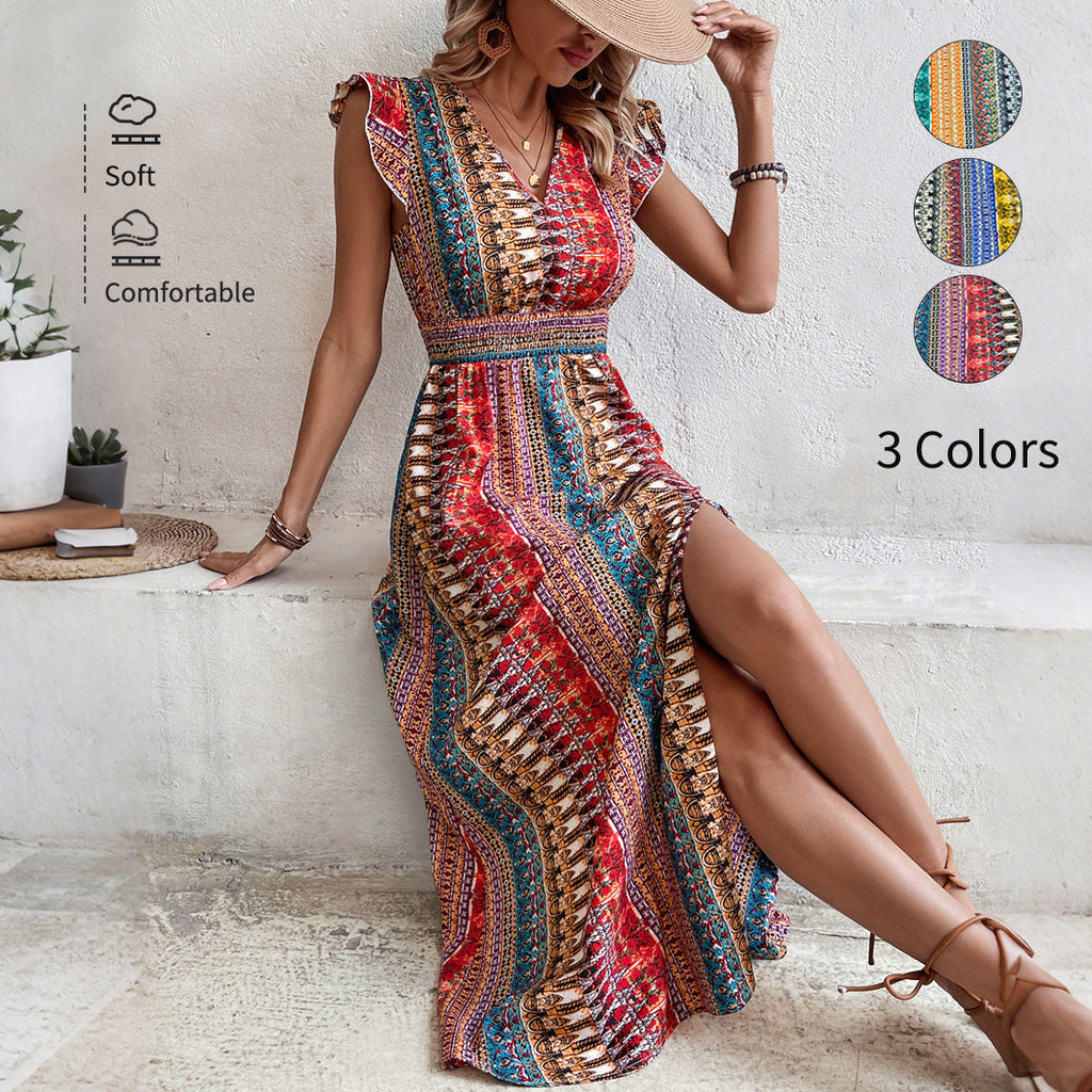 Robe longue évasée à imprimé géométrique bohème et manches bouffantes pour femmes – 3 couleurs du S au XL