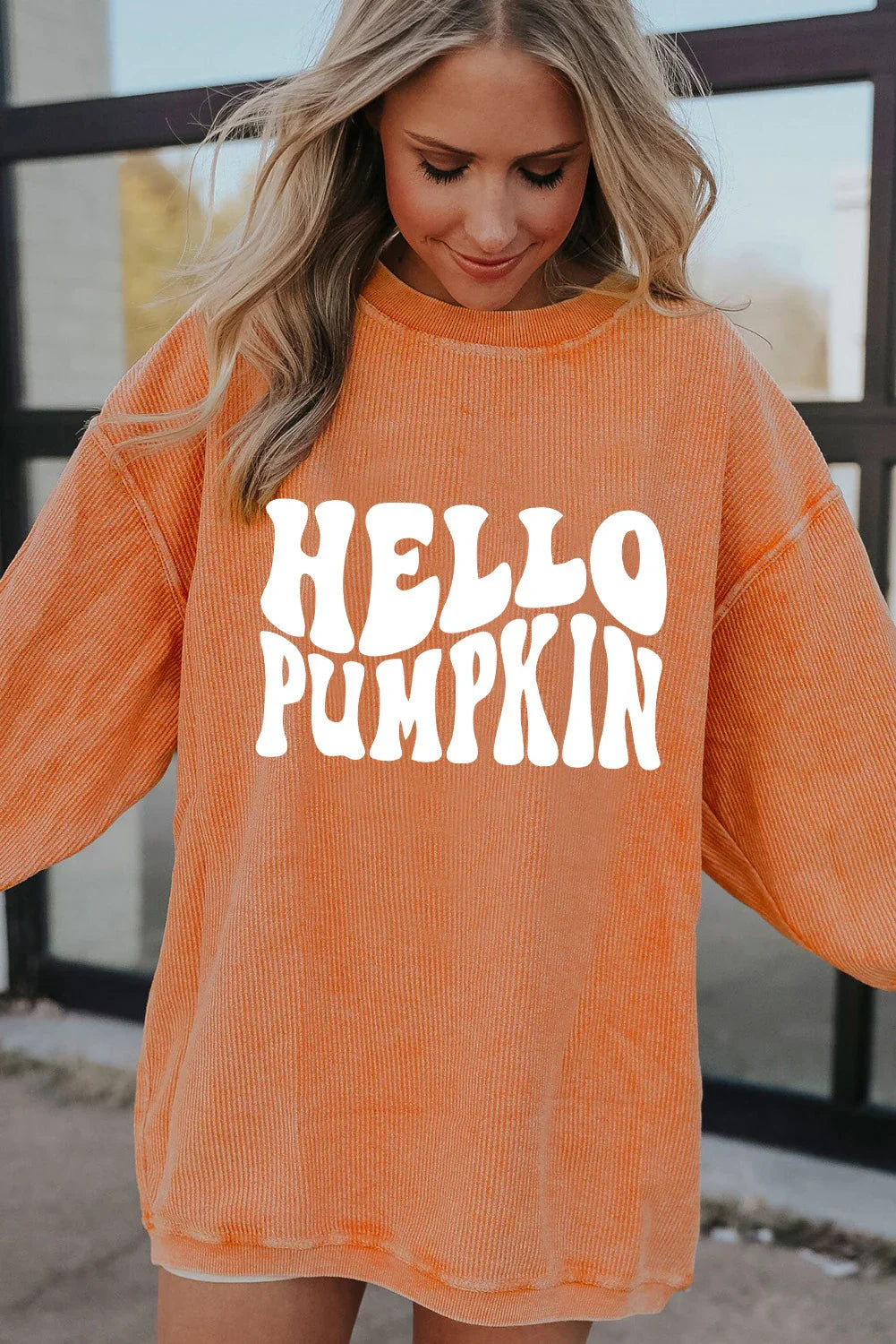 Sweat-shirt côtelé à motif lettre « HELLO PUMPKIN » orange