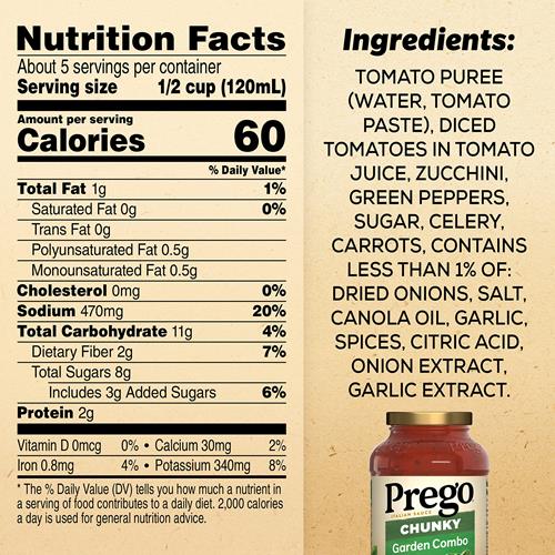Sauce pour pâtes Prego Chunky Garden Combo, pot de 673 g