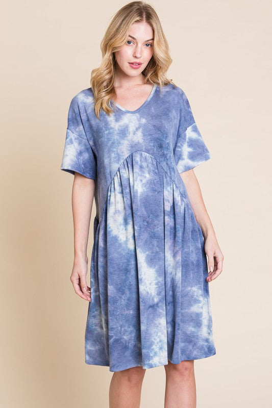 Robe Tie-Dye à col en V et manches mi-longues – Robe Tie-Dye décontractée, fluide, élégante et tendance avec un col en V flatteur et des manches mi-longues confortables
