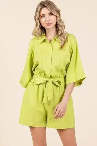 Combi-short noué à la taille - Combinaison en lin mélangé à manches mi-longues | Femstylo
