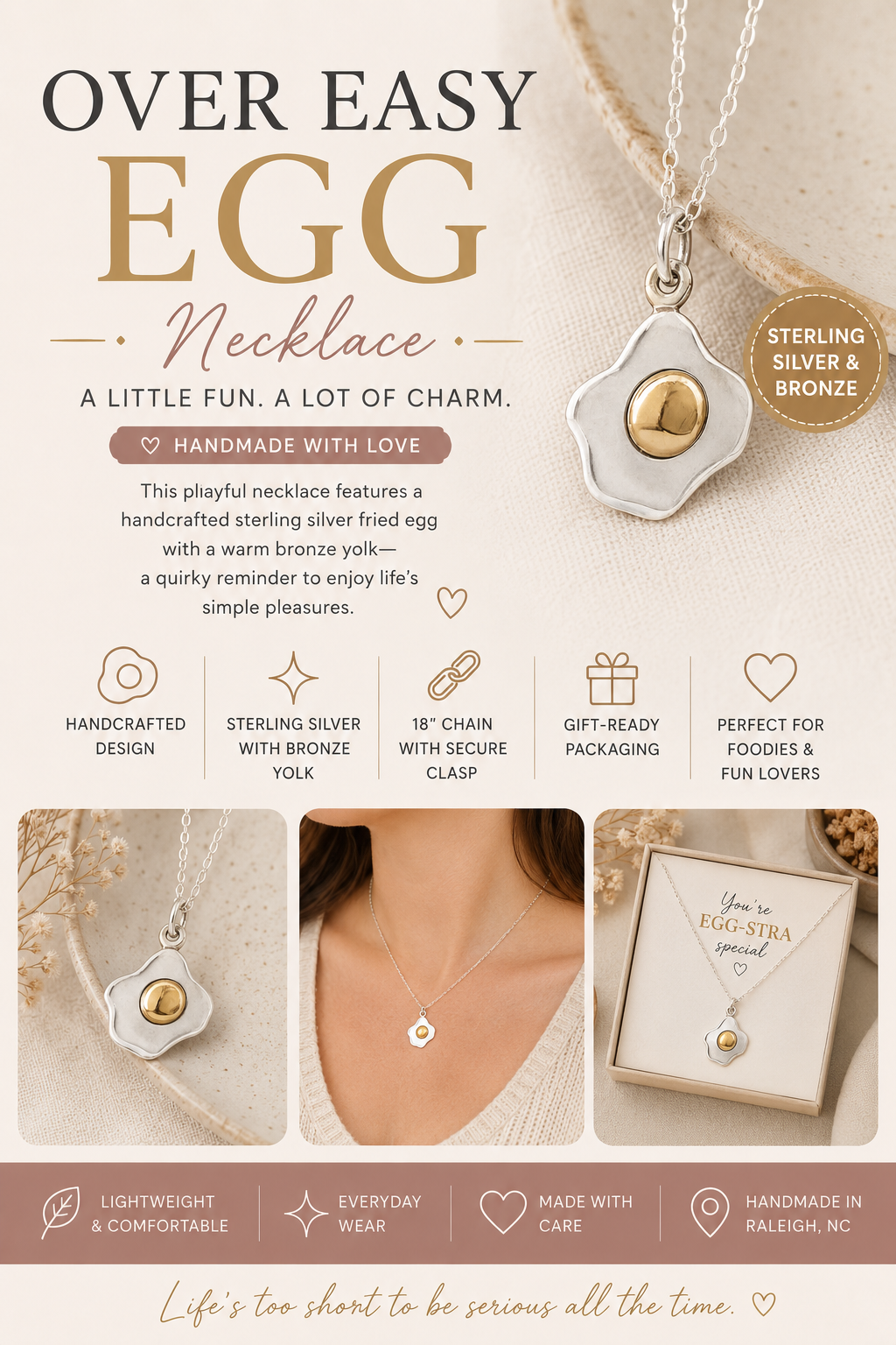 Collier œuf sur le plat – Argent sterling avec jaune en bronze, chaîne de 45 cm