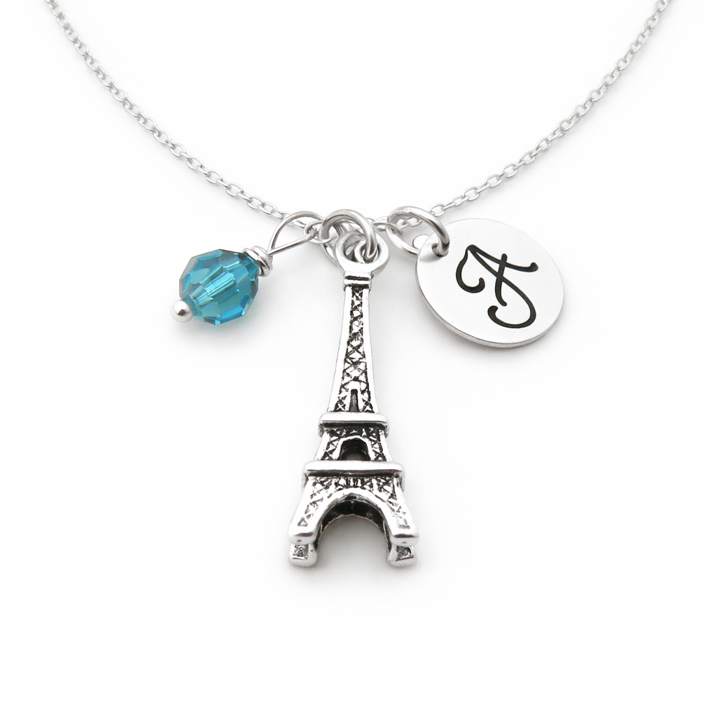 Collier Tour Eiffel – Argent Sterling avec Pierre de Naissance et Breloque Initiale