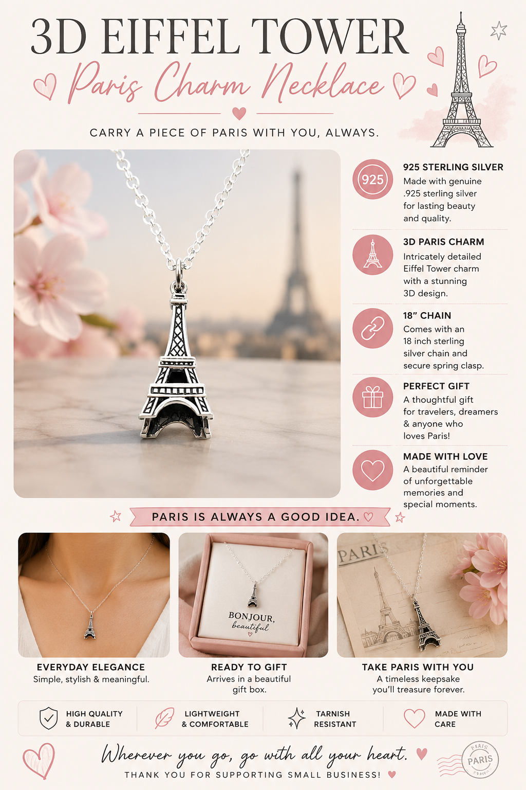 Collier charme Paris – Collier Tour Eiffel en argent sterling