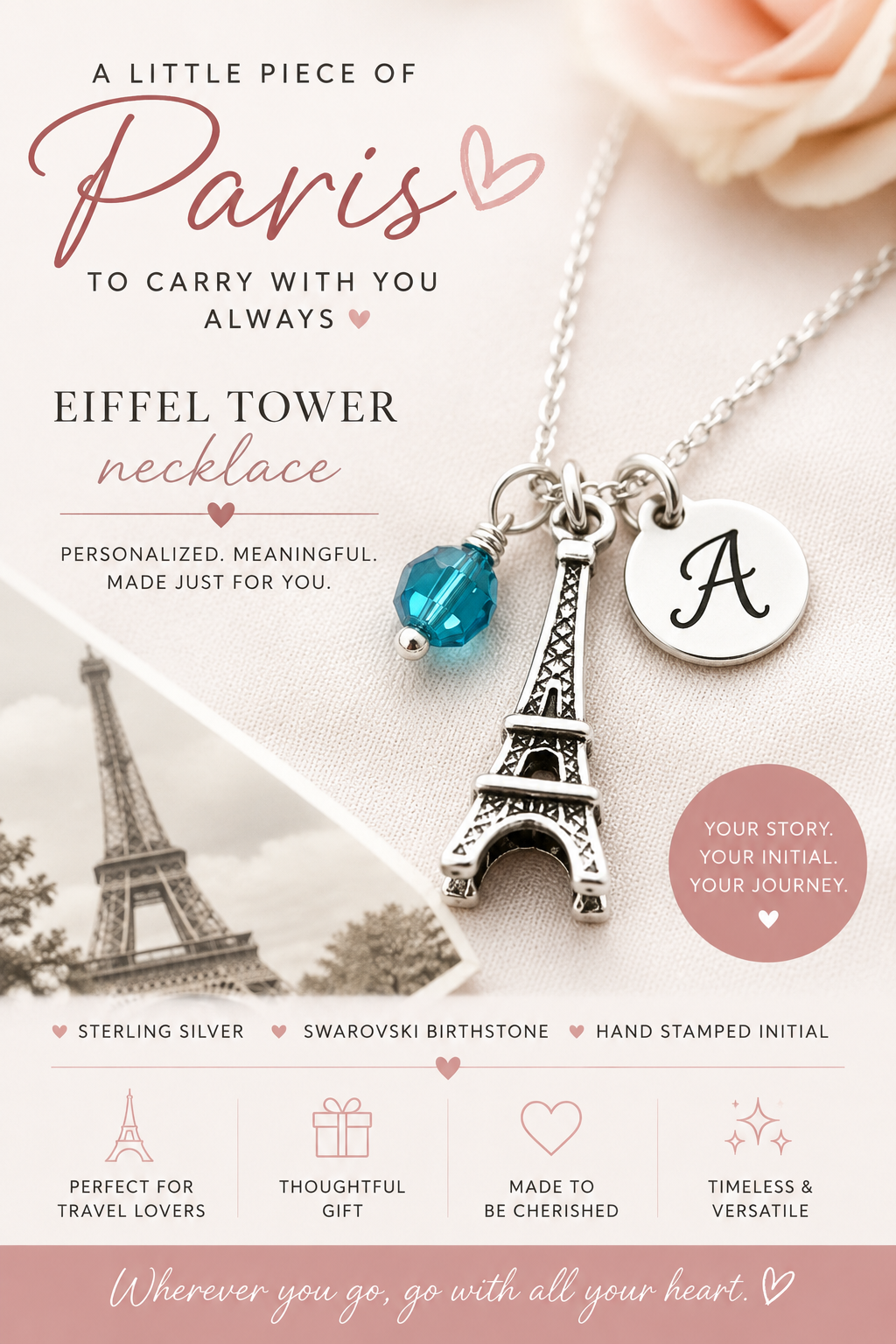 Collier Tour Eiffel – Argent Sterling avec Pierre de Naissance et Breloque Initiale