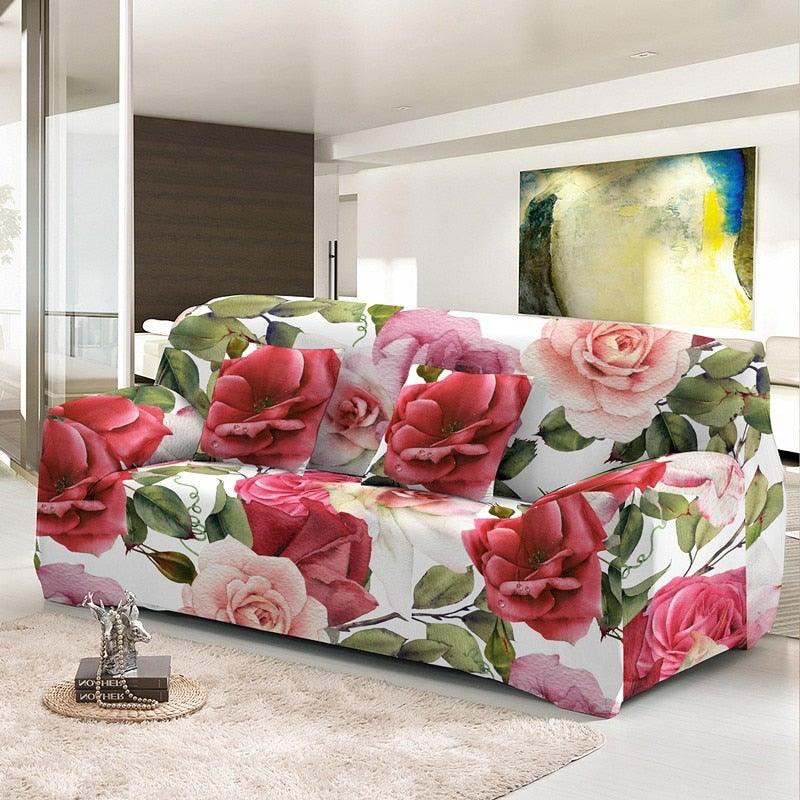 Housse de canapé élastique pour salon, housses extensibles combinées, motifs floraux, housses de canapé d'angle imprimées, housse de canapé 1/2/3/4 places avec housse de coussin séparée, housse de fauteuil extensible, protection de meubles lavable