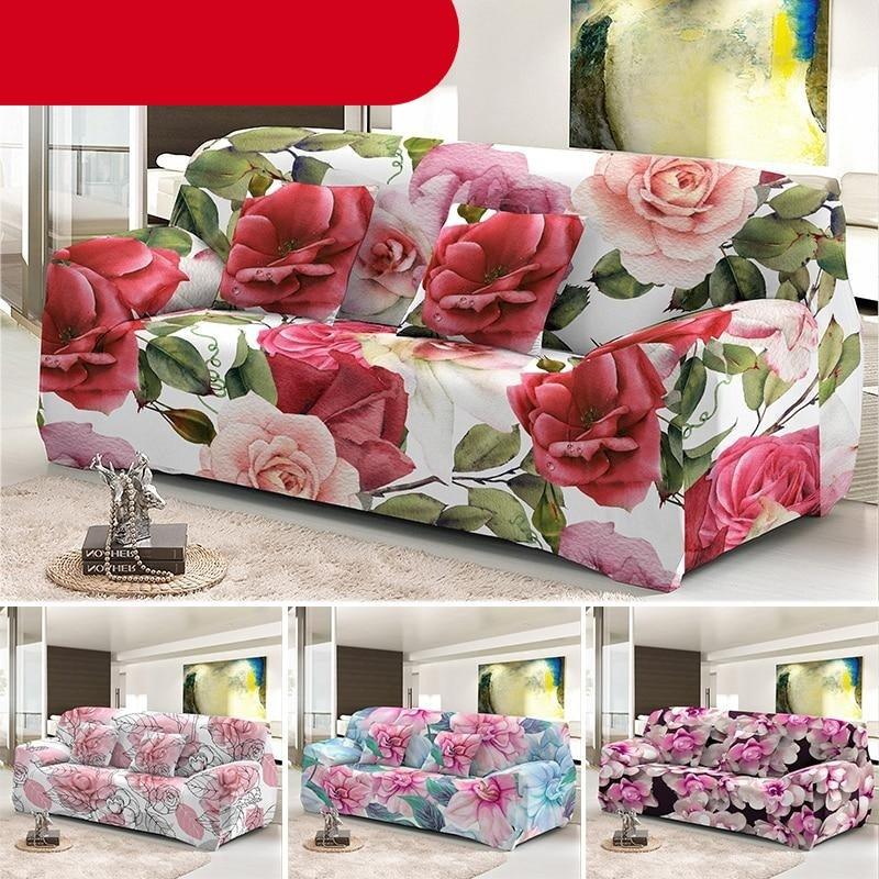 Housse de canapé élastique pour salon, housses extensibles combinées, motifs floraux, housses de canapé d'angle imprimées, housse de canapé 1/2/3/4 places avec housse de coussin séparée, housse de fauteuil extensible, protection de meubles lavable