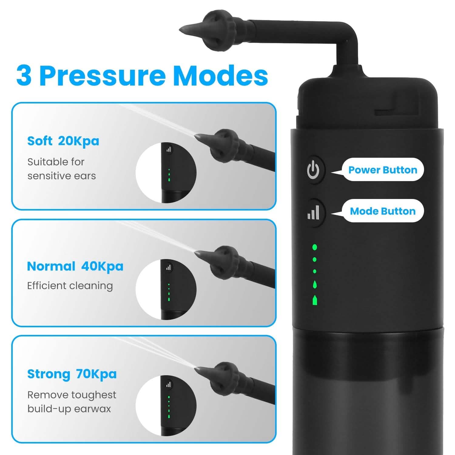 Kit de nettoyage électrique d'oreilles avec 3 modes 6 embouts auriculaires étanche IPX7 rechargeable par USB
