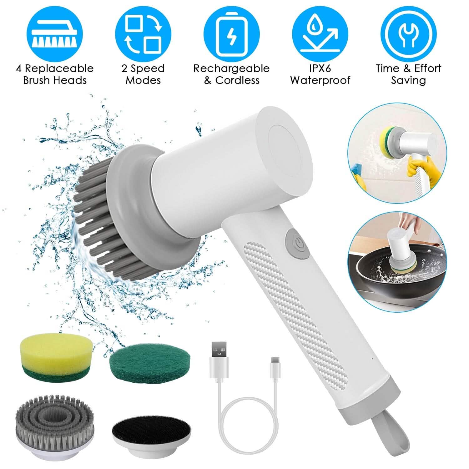 Brosse de nettoyage électrique portative sans fil avec 2 vitesses de rotation