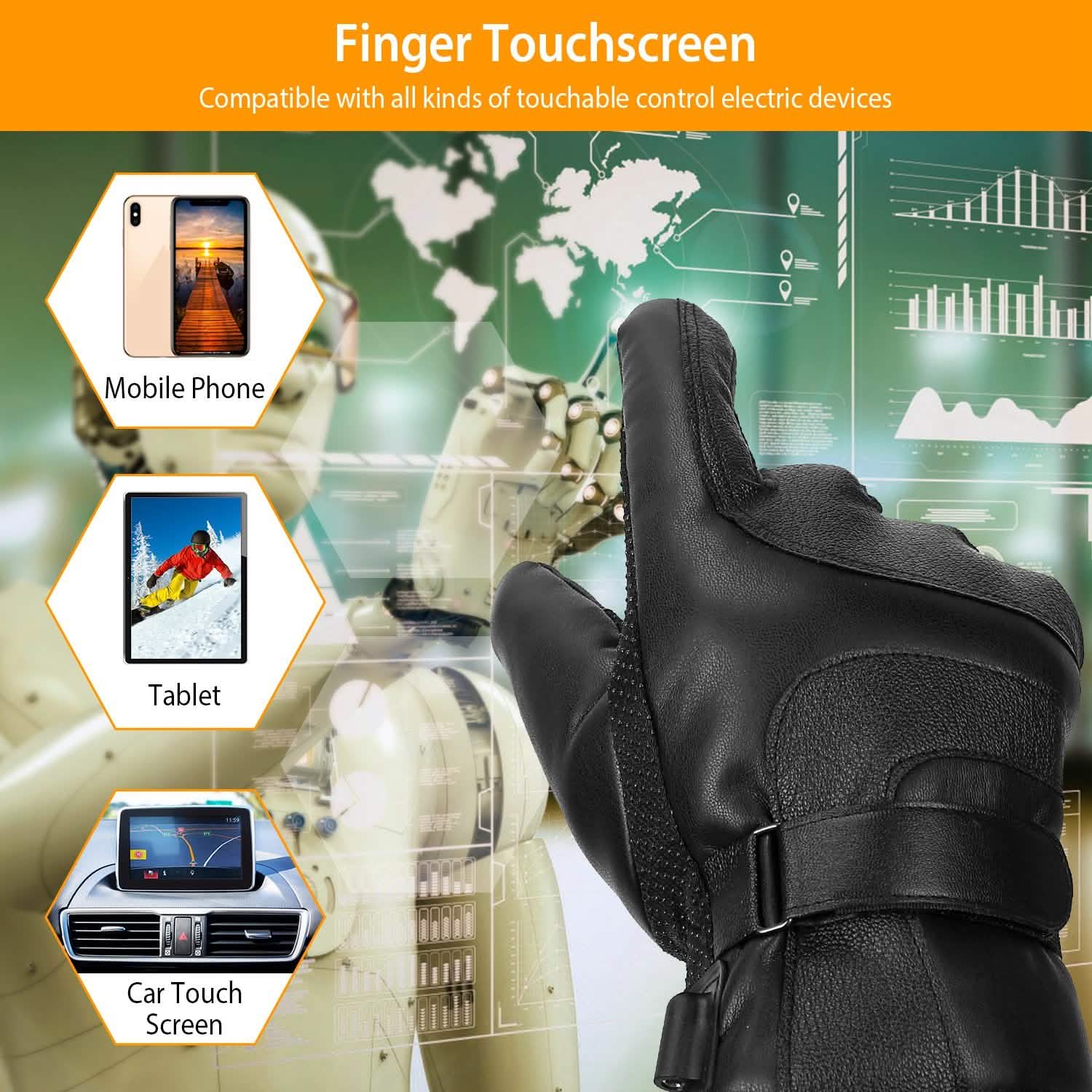 Gants tactiles chauffants électriques en cuir, avec prise USB