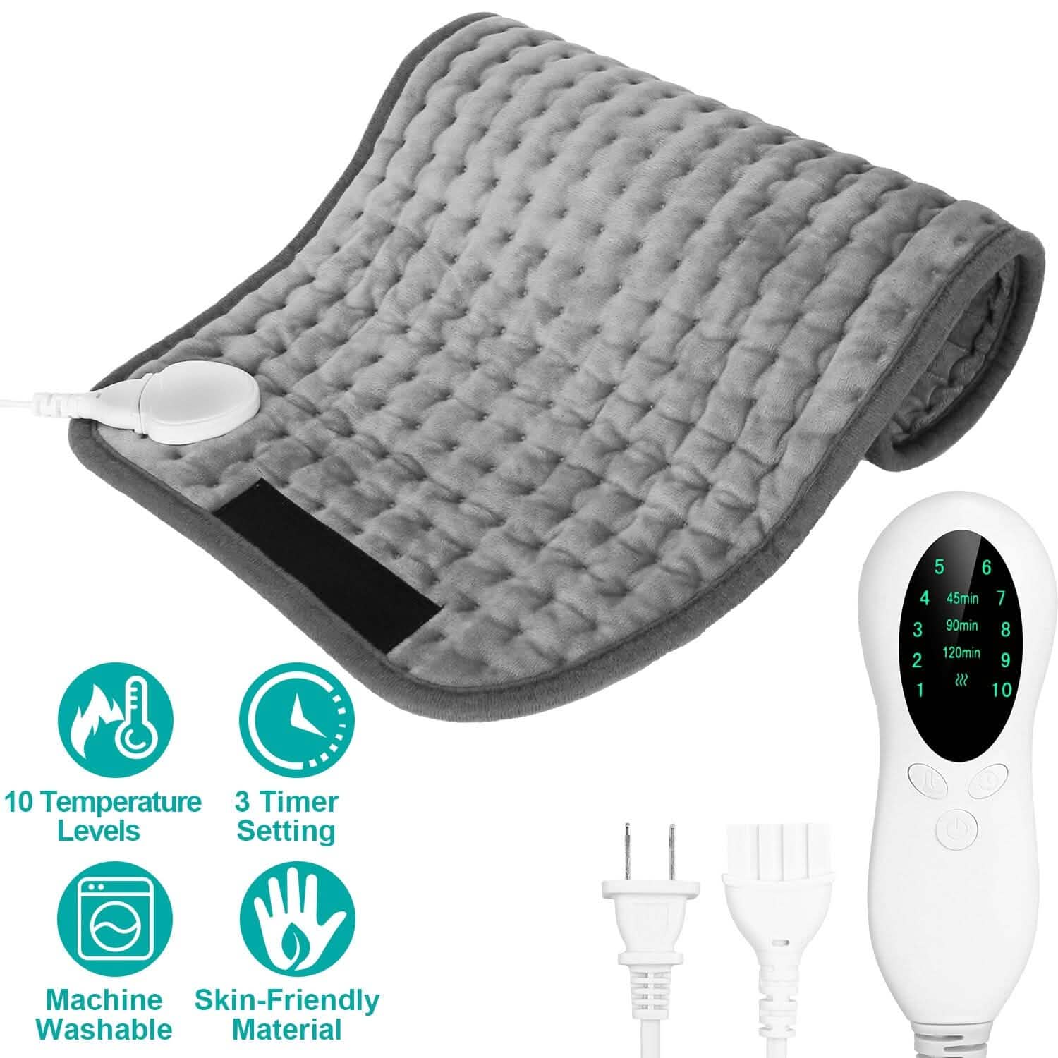 Coussin Chauffant Électrique pour le Dos, l'Abdomen, les Épaules avec 10 Niveaux de Température Réglables et Minuteur Intelligent