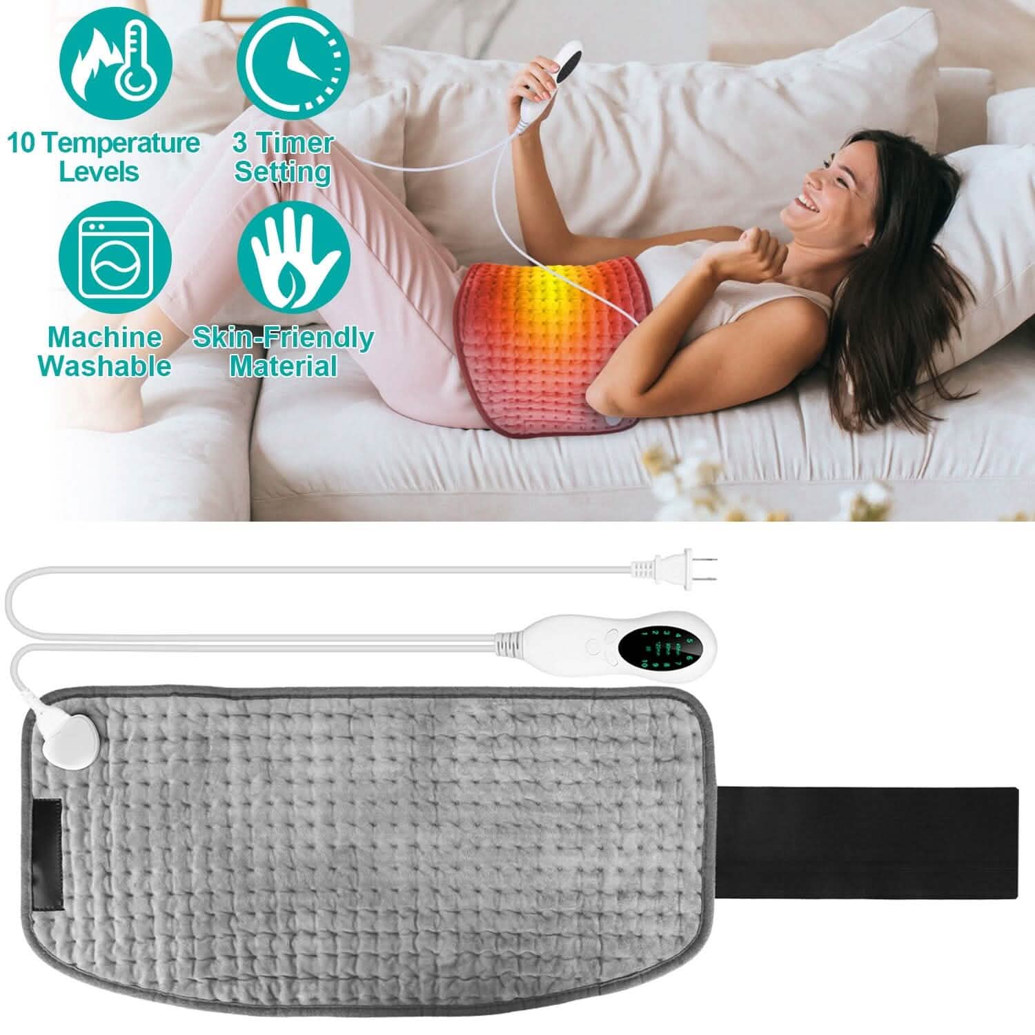 Coussin Chauffant Électrique pour le Dos, l'Abdomen, les Épaules avec 10 Niveaux de Température Réglables et Minuteur Intelligent