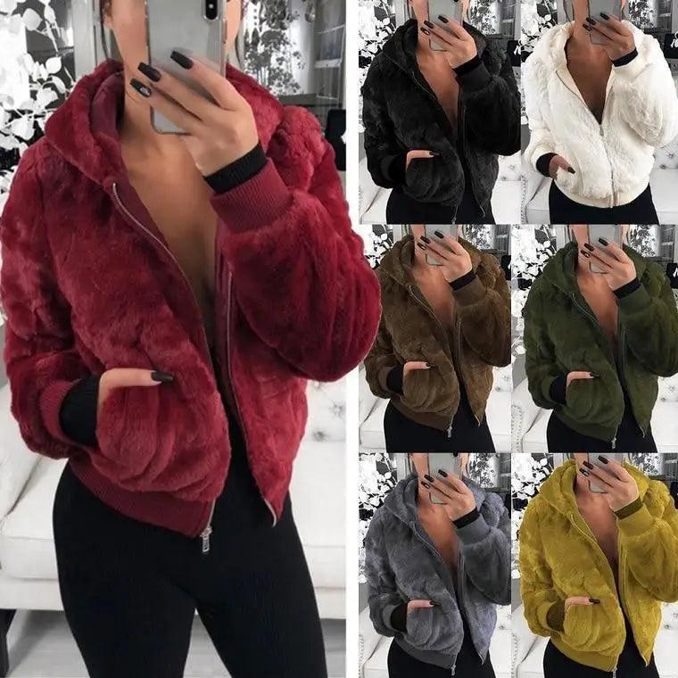 Manteau femme élégant en fausse fourrure avec capuche, taille haute, coupe ajustée, noir/rouge/rose, veste en fausse fourrure, manteaux en fausse fourrure de lapin