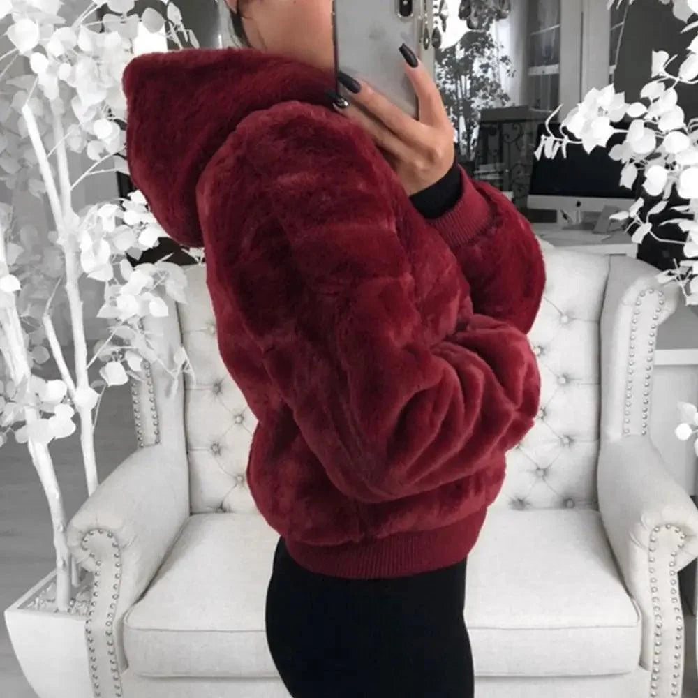 Manteau femme élégant en fausse fourrure avec capuche, taille haute, coupe ajustée, noir/rouge/rose, veste en fausse fourrure, manteaux en fausse fourrure de lapin