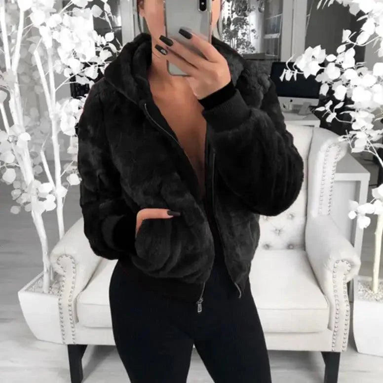 Manteau femme élégant en fausse fourrure avec capuche, taille haute, coupe ajustée, noir/rouge/rose, veste en fausse fourrure, manteaux en fausse fourrure de lapin