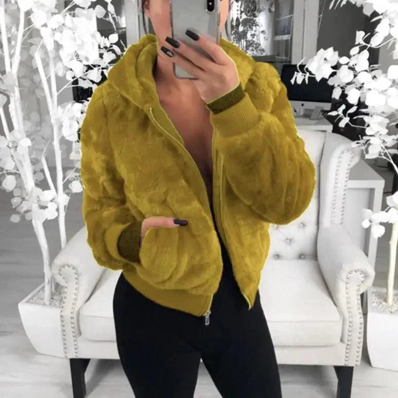 Manteau femme élégant en fausse fourrure avec capuche, taille haute, coupe ajustée, noir/rouge/rose, veste en fausse fourrure, manteaux en fausse fourrure de lapin