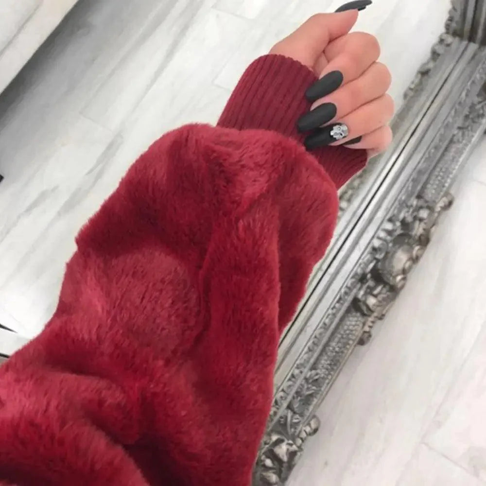 Manteau femme élégant en fausse fourrure avec capuche, taille haute, coupe ajustée, noir/rouge/rose, veste en fausse fourrure, manteaux en fausse fourrure de lapin