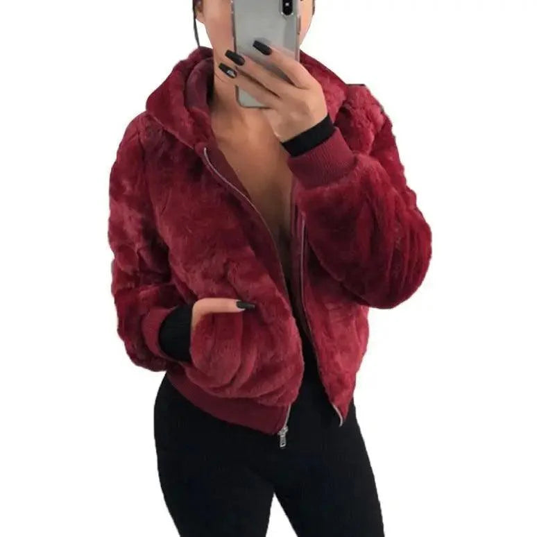 Manteau femme élégant en fausse fourrure avec capuche, taille haute, coupe ajustée, noir/rouge/rose, veste en fausse fourrure, manteaux en fausse fourrure de lapin