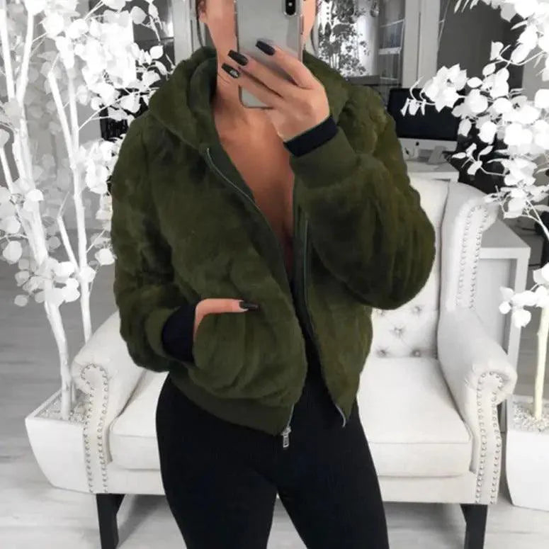 Manteau femme élégant en fausse fourrure avec capuche, taille haute, coupe ajustée, noir/rouge/rose, veste en fausse fourrure, manteaux en fausse fourrure de lapin
