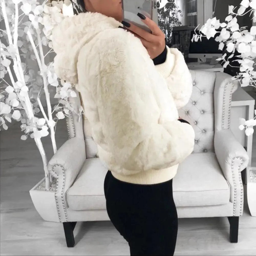 Manteau femme élégant en fausse fourrure avec capuche, taille haute, coupe ajustée, noir/rouge/rose, veste en fausse fourrure, manteaux en fausse fourrure de lapin