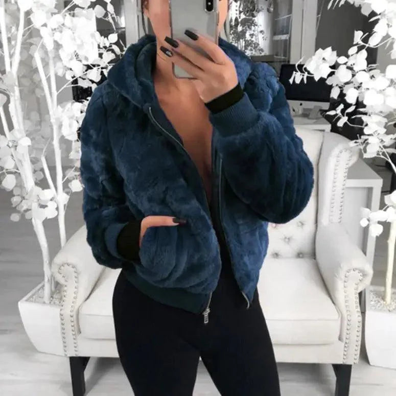 Manteau femme élégant en fausse fourrure avec capuche, taille haute, coupe ajustée, noir/rouge/rose, veste en fausse fourrure, manteaux en fausse fourrure de lapin