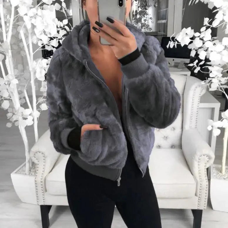 Manteau femme élégant en fausse fourrure avec capuche, taille haute, coupe ajustée, noir/rouge/rose, veste en fausse fourrure, manteaux en fausse fourrure de lapin