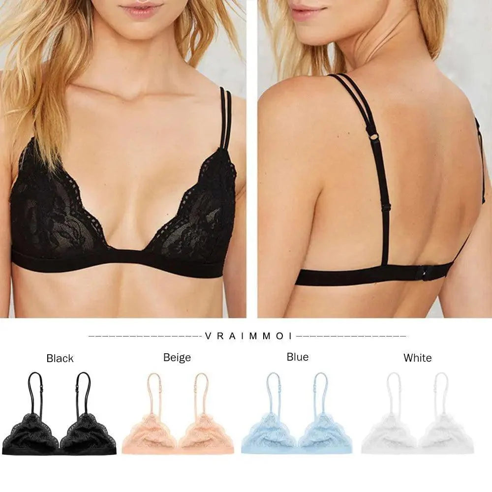 Soutien-gorge triangle fin en dentelle élégante pour femme, lingerie sans armature, transparente, de couleur unie blanc/noir