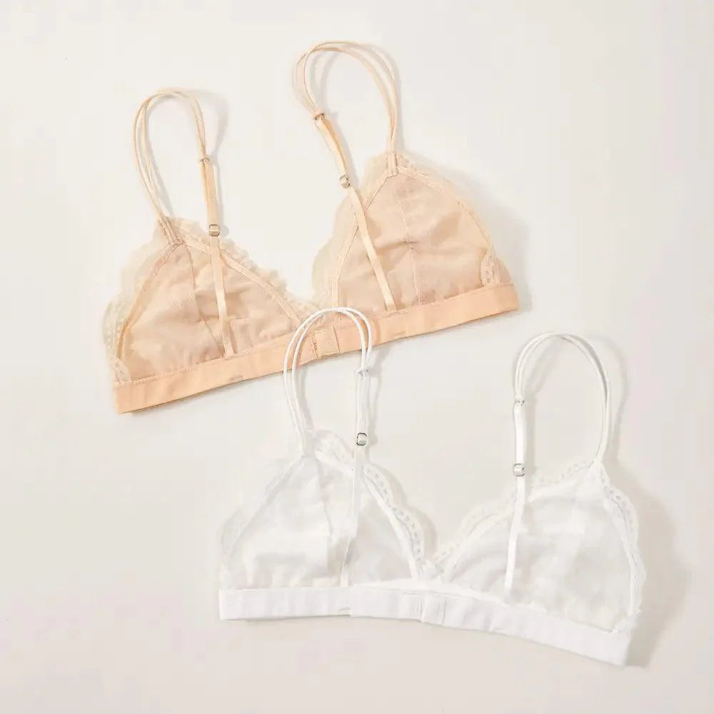 Soutien-gorge triangle fin en dentelle élégante pour femme, lingerie sans armature, transparente, de couleur unie blanc/noir
