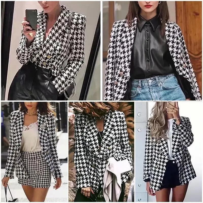 Élégance Femme Vestes en tweed à la mode Dames de bureau Manteaux à carreaux pied-de-poule à pompons noirs Manteau épais vintage d'automne Filles chic