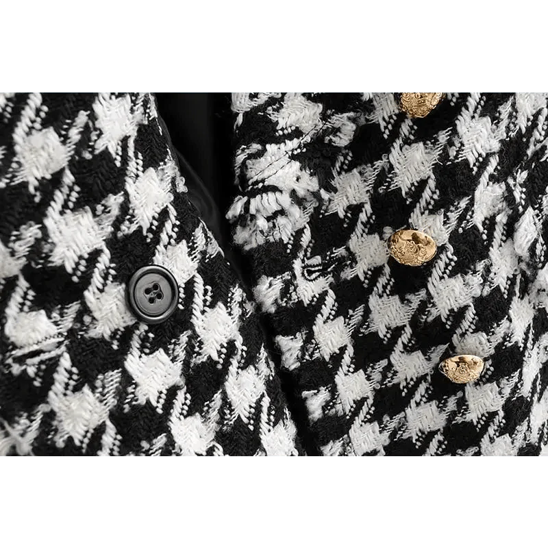 Élégance Femme Vestes en tweed à la mode Dames de bureau Manteaux à carreaux pied-de-poule à pompons noirs Manteau épais vintage d'automne Filles chic