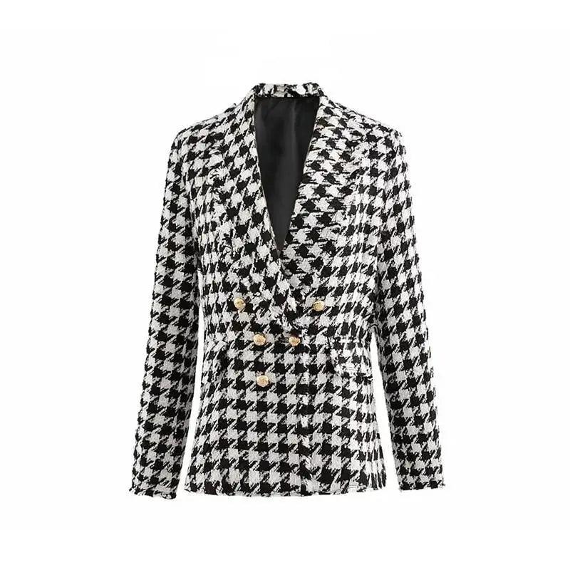 Élégance Femme Vestes en tweed à la mode Dames de bureau Manteaux à carreaux pied-de-poule à pompons noirs Manteau épais vintage d'automne Filles chic