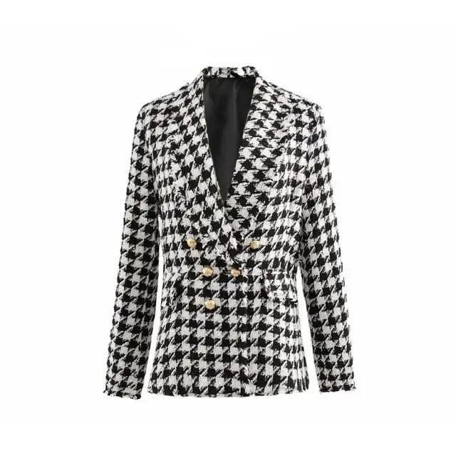 Élégance Femme Vestes en tweed à la mode Dames de bureau Manteaux à carreaux pied-de-poule à pompons noirs Manteau épais vintage d'automne Filles chic