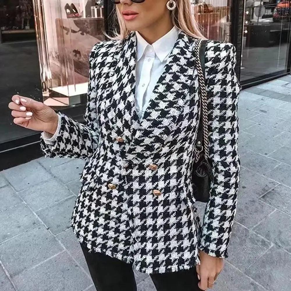 Élégance Femme Vestes en tweed à la mode Dames de bureau Manteaux à carreaux pied-de-poule à pompons noirs Manteau épais vintage d'automne Filles chic