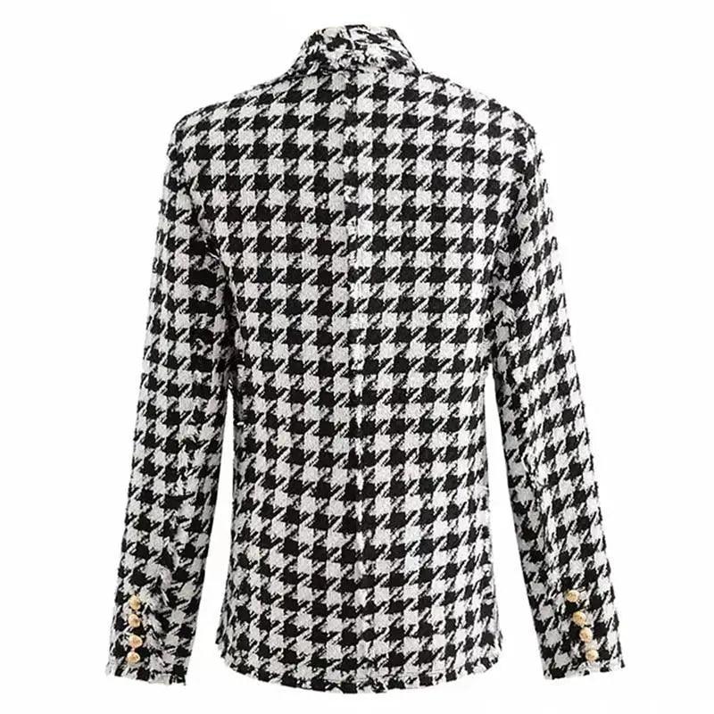 Élégance Femme Vestes en tweed à la mode Dames de bureau Manteaux à carreaux pied-de-poule à pompons noirs Manteau épais vintage d'automne Filles chic