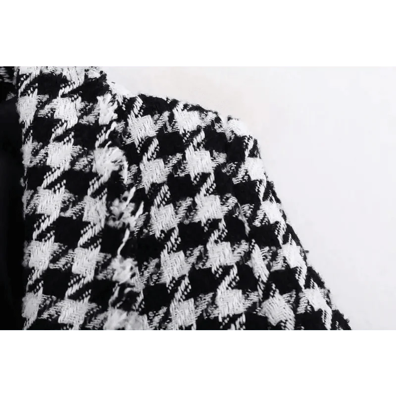 Élégance Femme Vestes en tweed à la mode Dames de bureau Manteaux à carreaux pied-de-poule à pompons noirs Manteau épais vintage d'automne Filles chic