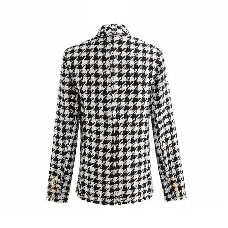Élégance Femme Vestes en tweed à la mode Dames de bureau Manteaux à carreaux pied-de-poule à pompons noirs Manteau épais vintage d'automne Filles chic