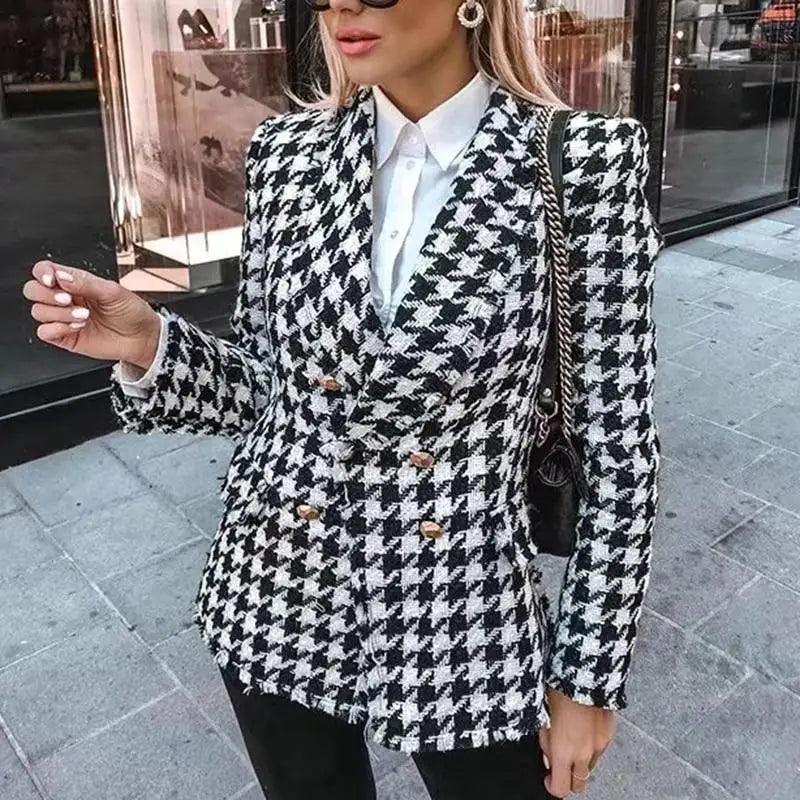 Élégance Femme Vestes en tweed à la mode Dames de bureau Manteaux à carreaux pied-de-poule à pompons noirs Manteau épais vintage d'automne Filles chic