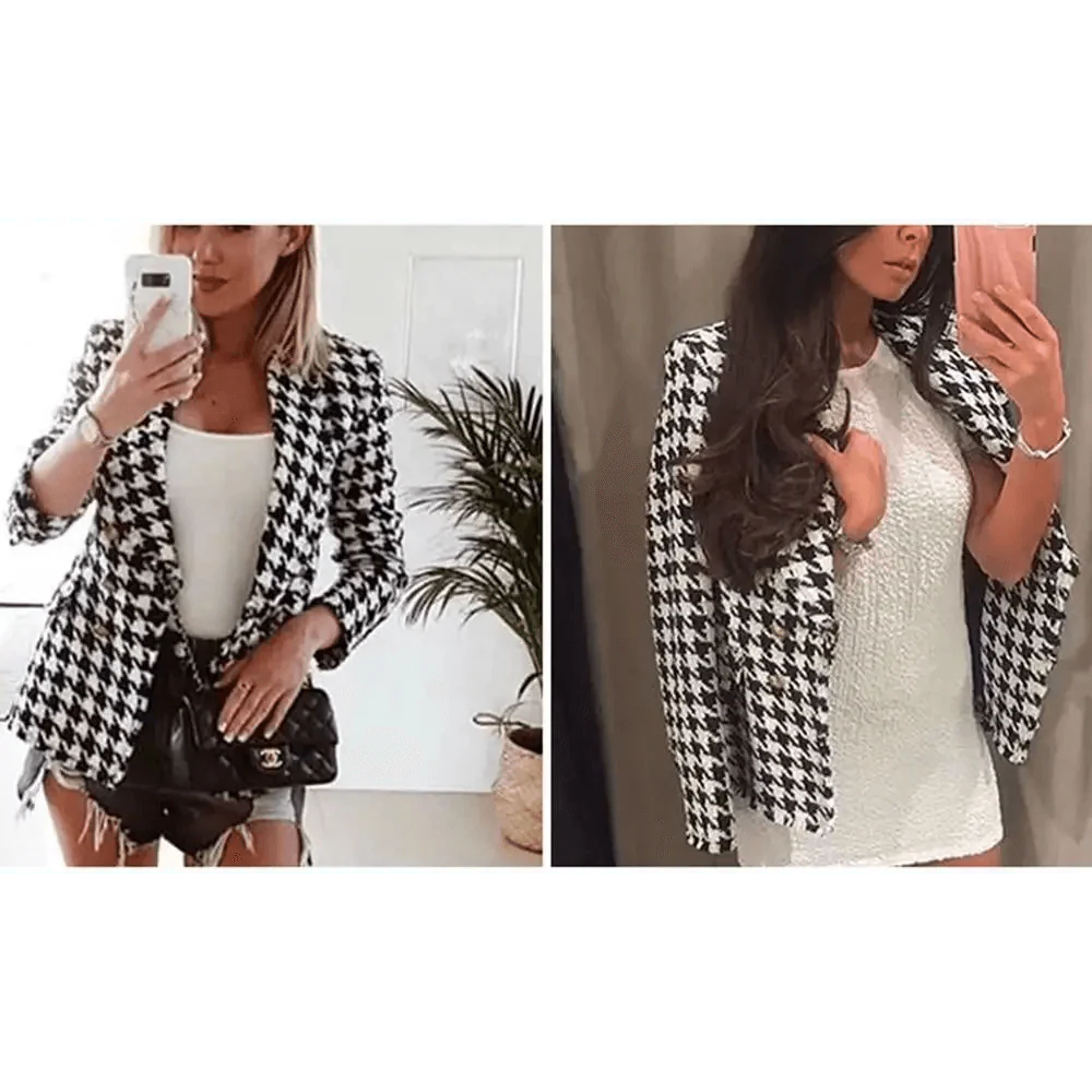 Élégance Femme Vestes en tweed à la mode Dames de bureau Manteaux à carreaux pied-de-poule à pompons noirs Manteau épais vintage d'automne Filles chic
