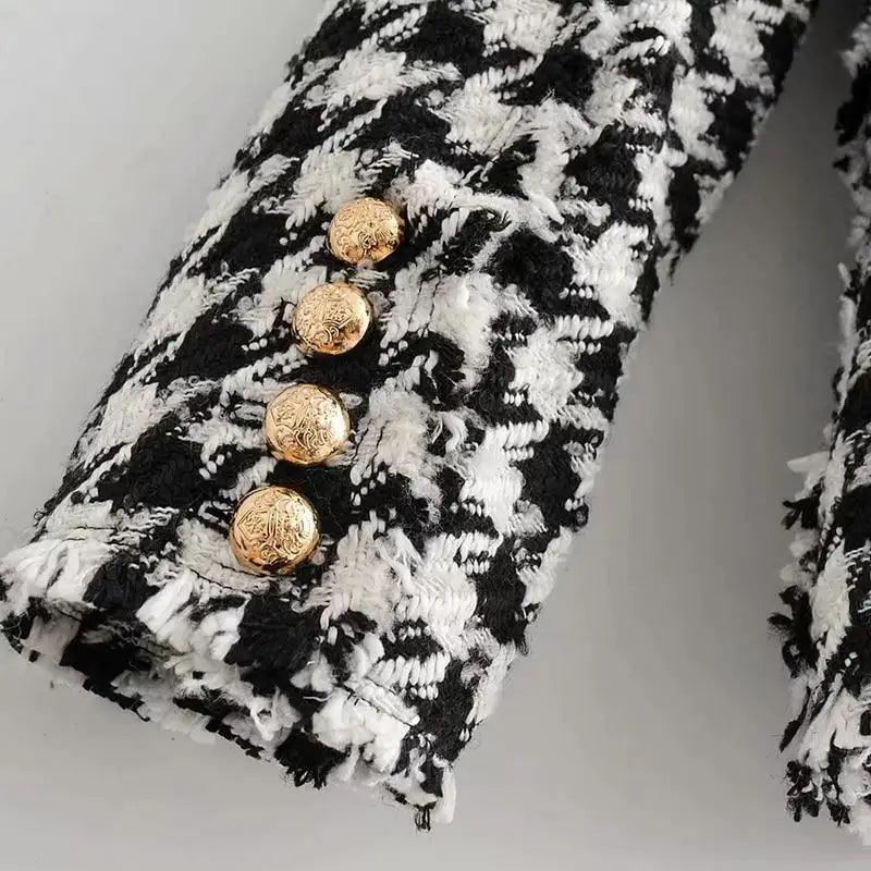 Élégance Femme Vestes en tweed à la mode Dames de bureau Manteaux à carreaux pied-de-poule à pompons noirs Manteau épais vintage d'automne Filles chic