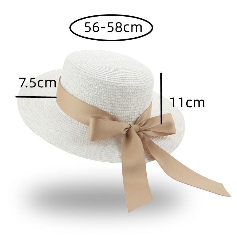 Chapeau Bob Élégant pour Adulte, Chapeau de Paille d'Été pour Femme, Chapeau de Soleil de Plage, Large Chapeau Confortable de Luxe, Chapeau Plat avec Nœud en Ruban, Chapeau d'Été Élégant et Luxueux pour Femme 56-58cm