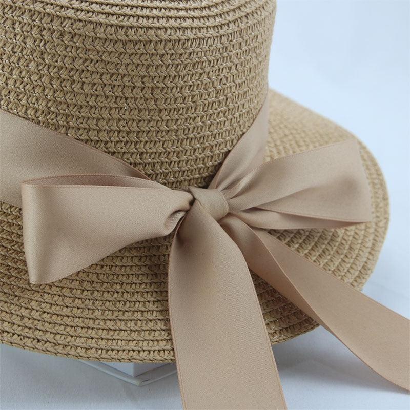 Chapeau Bob Élégant pour Adulte, Chapeau de Paille d'Été pour Femme, Chapeau de Soleil de Plage, Large Chapeau Confortable de Luxe, Chapeau Plat avec Nœud en Ruban, Chapeau d'Été Élégant et Luxueux pour Femme 56-58cm