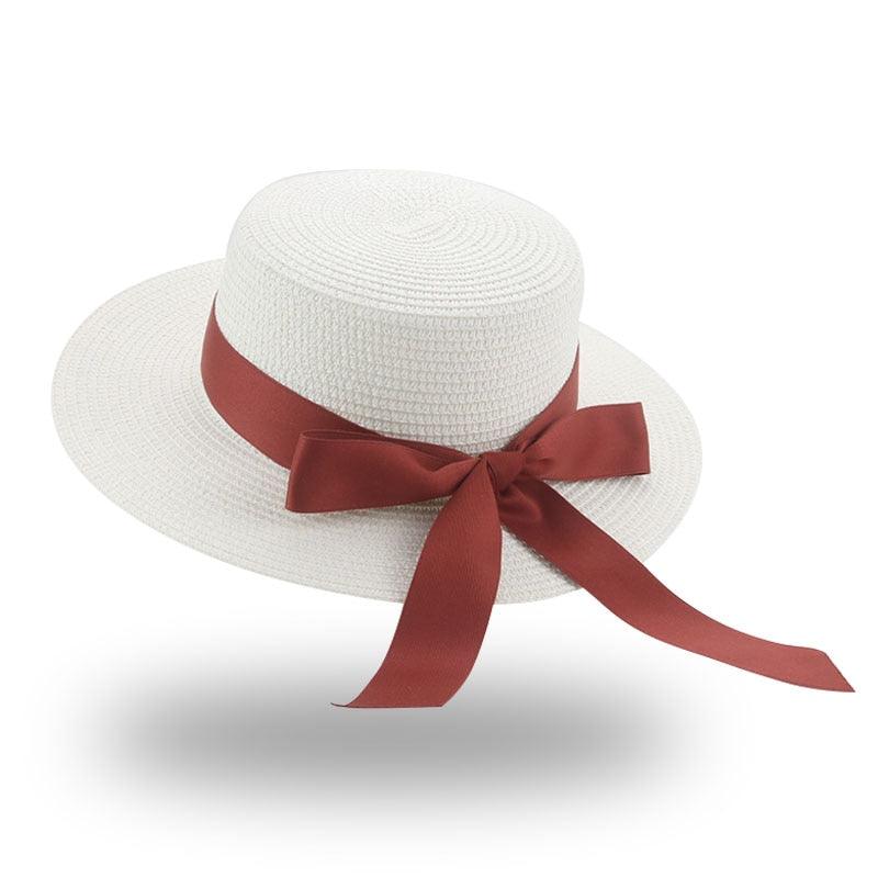 Chapeau Bob Élégant pour Adulte, Chapeau de Paille d'Été pour Femme, Chapeau de Soleil de Plage, Large Chapeau Confortable de Luxe, Chapeau Plat avec Nœud en Ruban, Chapeau d'Été Élégant et Luxueux pour Femme 56-58cm