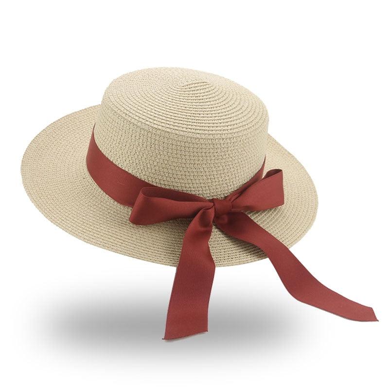 Chapeau Bob Élégant pour Adulte, Chapeau de Paille d'Été pour Femme, Chapeau de Soleil de Plage, Large Chapeau Confortable de Luxe, Chapeau Plat avec Nœud en Ruban, Chapeau d'Été Élégant et Luxueux pour Femme 56-58cm