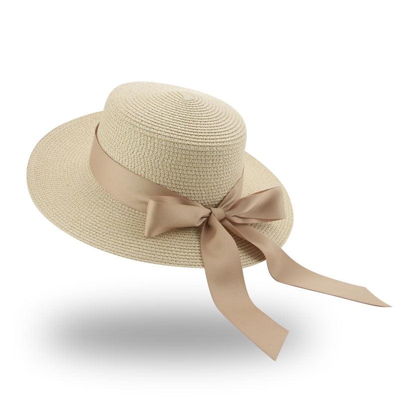 Chapeau Bob Élégant pour Adulte, Chapeau de Paille d'Été pour Femme, Chapeau de Soleil de Plage, Large Chapeau Confortable de Luxe, Chapeau Plat avec Nœud en Ruban, Chapeau d'Été Élégant et Luxueux pour Femme 56-58cm