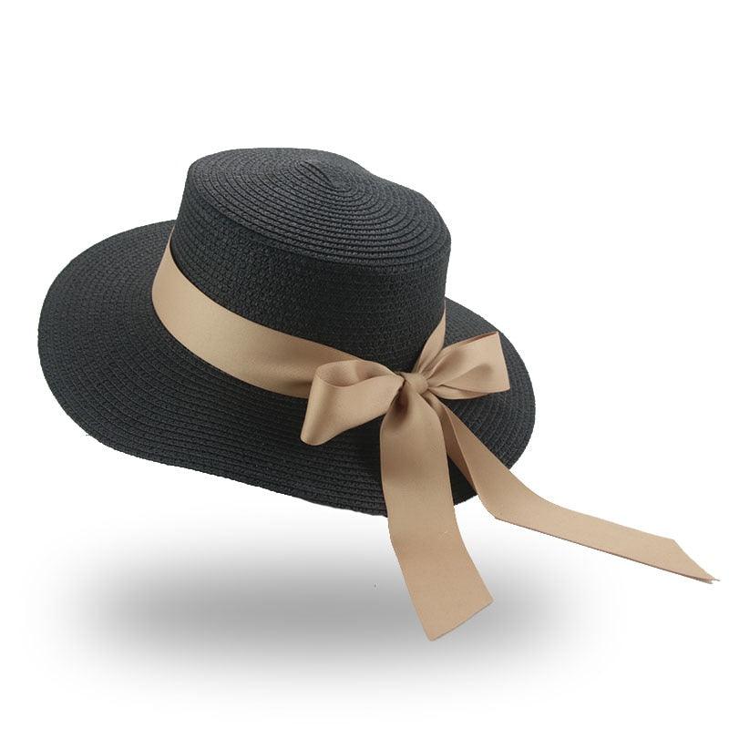 Chapeau Bob Élégant pour Adulte, Chapeau de Paille d'Été pour Femme, Chapeau de Soleil de Plage, Large Chapeau Confortable de Luxe, Chapeau Plat avec Nœud en Ruban, Chapeau d'Été Élégant et Luxueux pour Femme 56-58cm