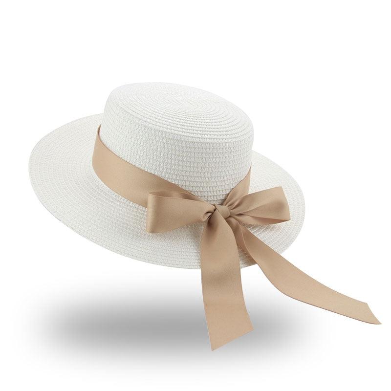 Chapeau Bob Élégant pour Adulte, Chapeau de Paille d'Été pour Femme, Chapeau de Soleil de Plage, Large Chapeau Confortable de Luxe, Chapeau Plat avec Nœud en Ruban, Chapeau d'Été Élégant et Luxueux pour Femme 56-58cm