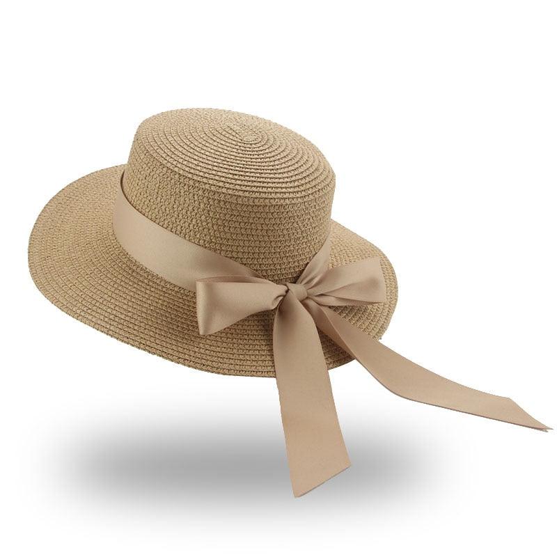 Chapeau Bob Élégant pour Adulte, Chapeau de Paille d'Été pour Femme, Chapeau de Soleil de Plage, Large Chapeau Confortable de Luxe, Chapeau Plat avec Nœud en Ruban, Chapeau d'Été Élégant et Luxueux pour Femme 56-58cm