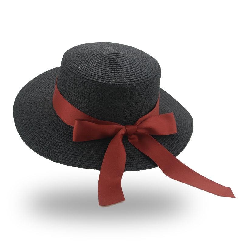Chapeau Bob Élégant pour Adulte, Chapeau de Paille d'Été pour Femme, Chapeau de Soleil de Plage, Large Chapeau Confortable de Luxe, Chapeau Plat avec Nœud en Ruban, Chapeau d'Été Élégant et Luxueux pour Femme 56-58cm